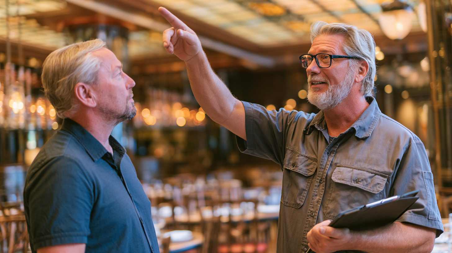 Contractor pointing to the ceiling while talking with a restaurant owner